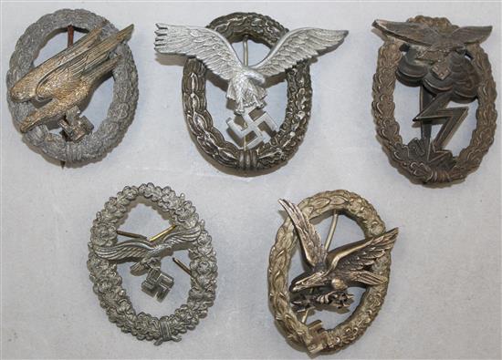 Five German Third Reich Luftwaffe badges,